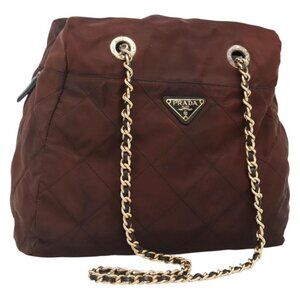 Authentic PRADA Chain Shoulder Bag Nylon Brown Gold